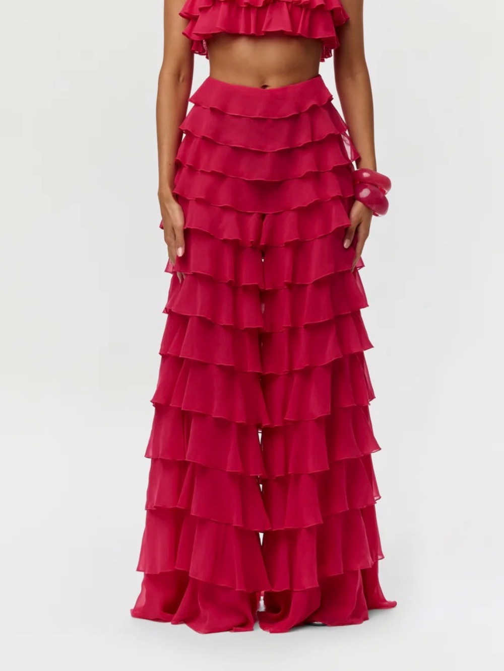 naked wardrobe Hot Pink Tiered Ruffle Wide-Leg Pants